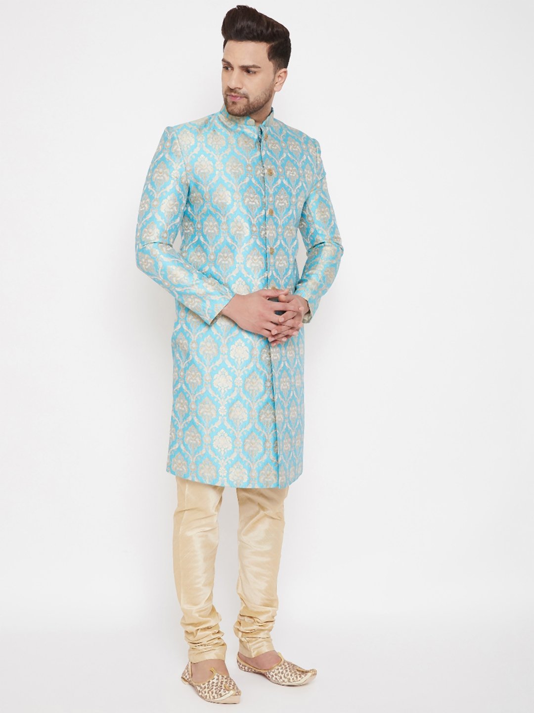 Men's Sea Green And Gold Brocade Jacquard Sherwani Set