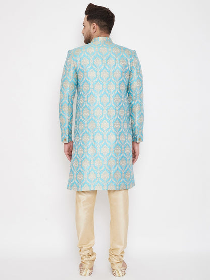 Men's Sea Green And Gold Brocade Jacquard Sherwani Set