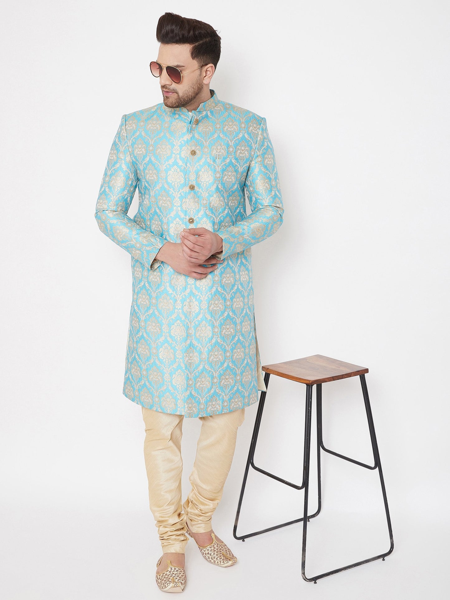 Men's Sea Green And Gold Brocade Jacquard Sherwani Set