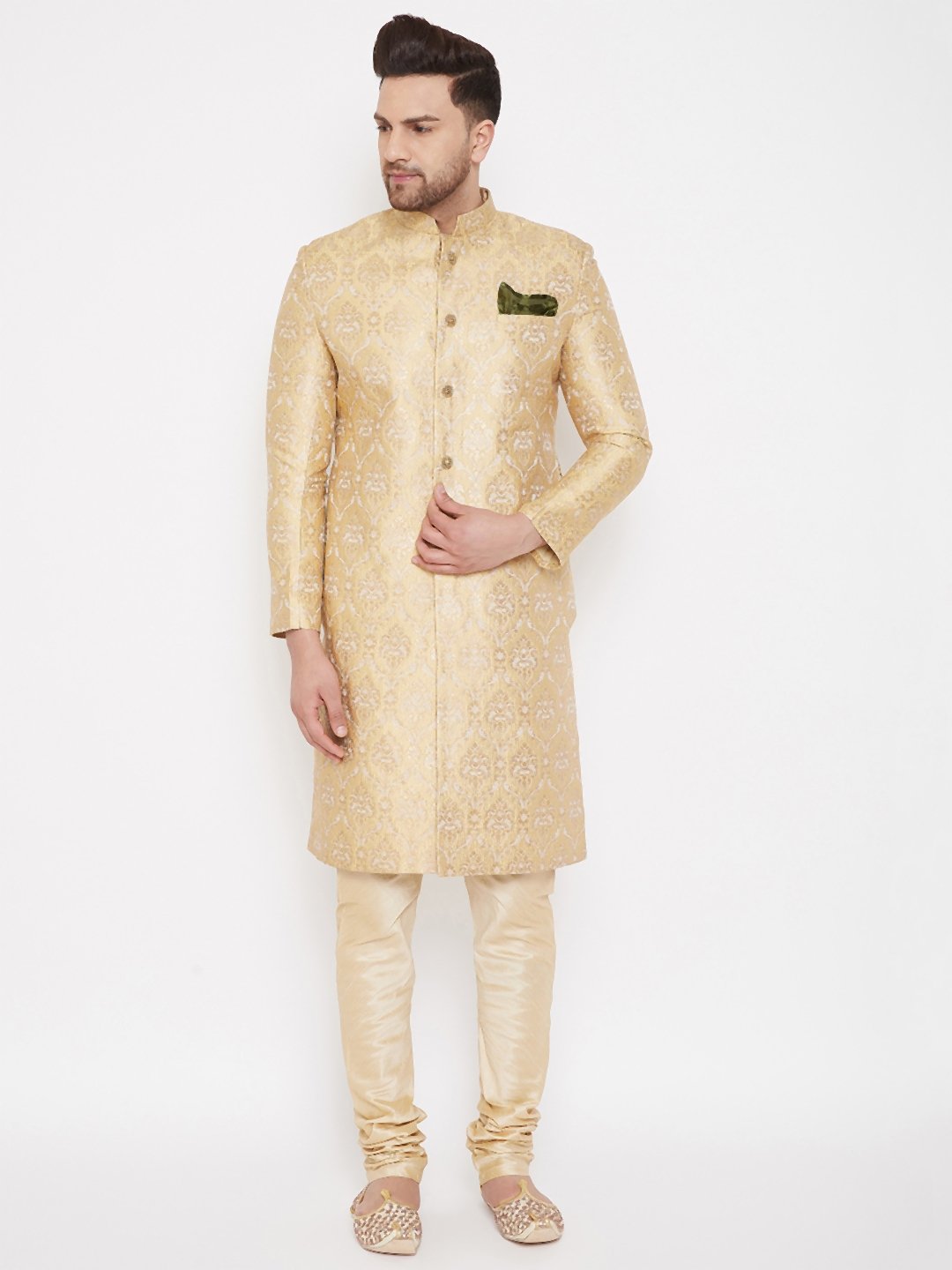 Men's Beige And Golden Brocade Jacquard Sherwani Set