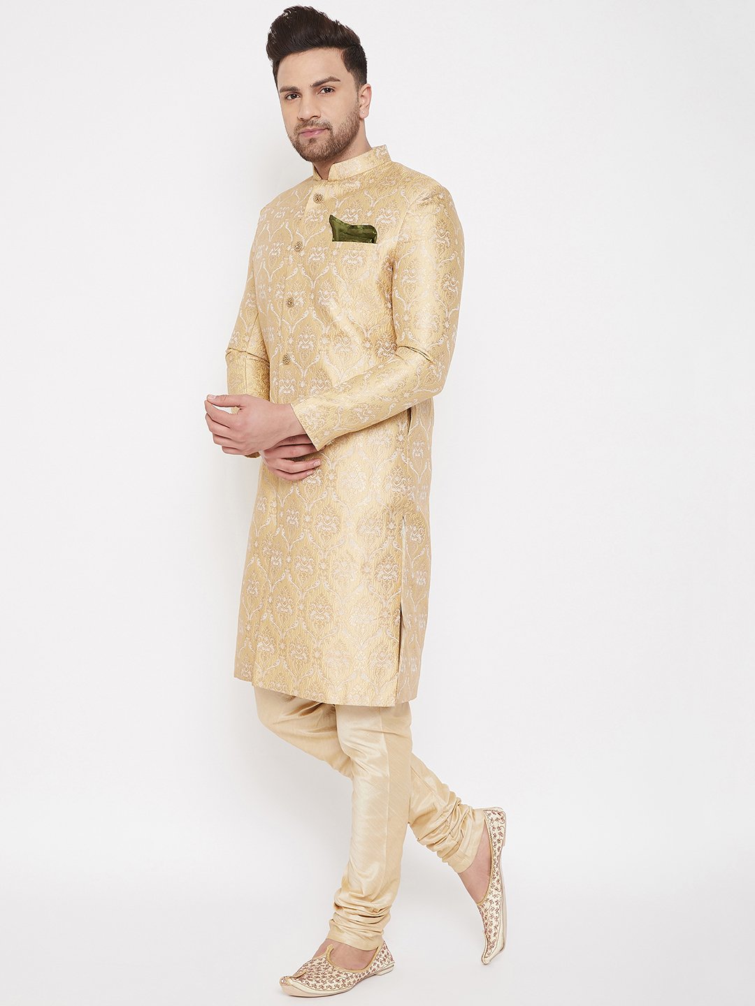 Men's Beige And Golden Brocade Jacquard Sherwani Set