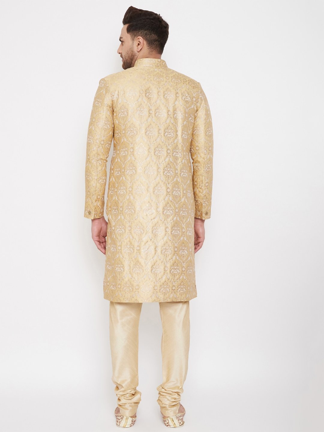 Men's Beige And Golden Brocade Jacquard Sherwani Set