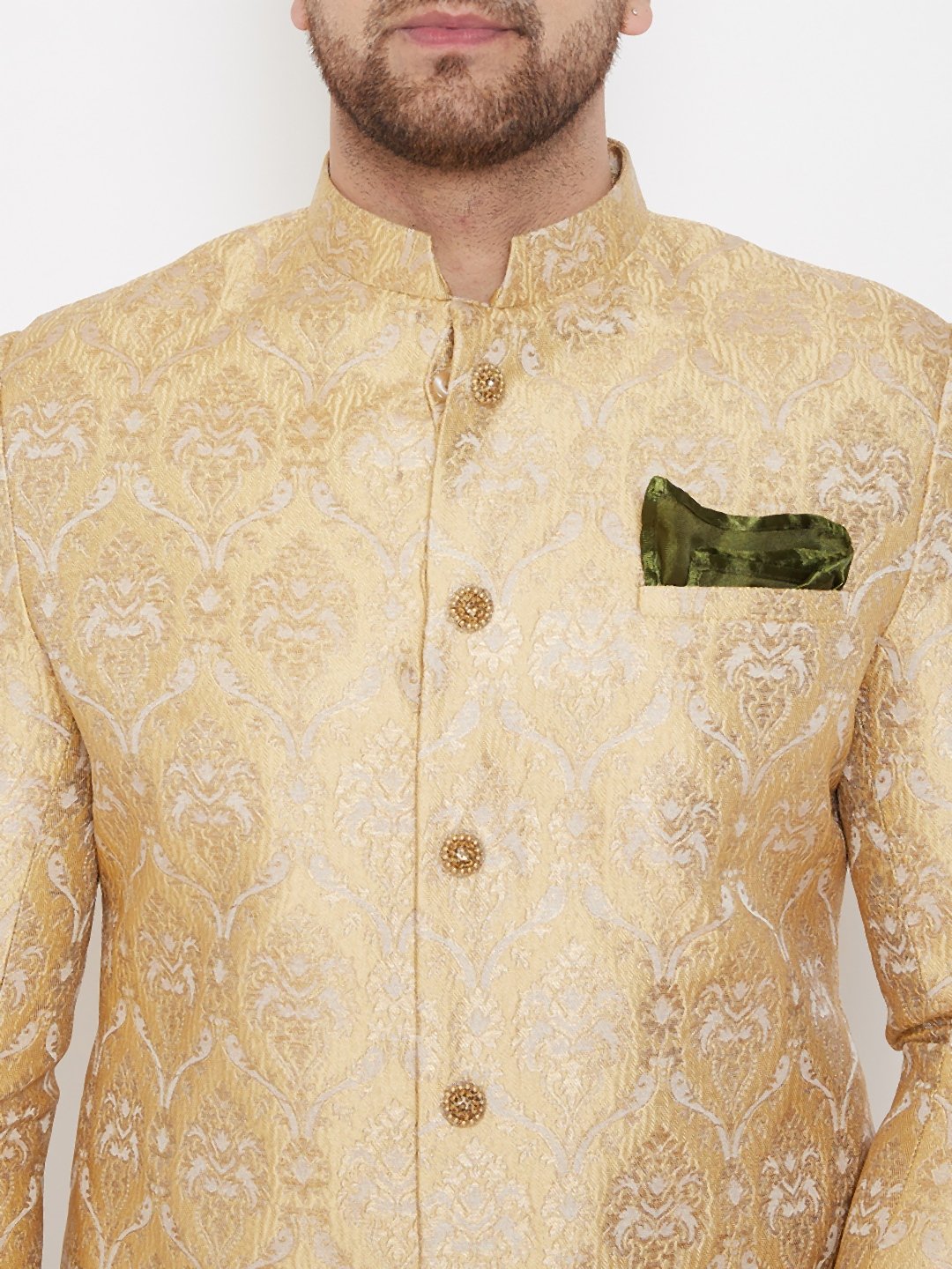 Men's Beige And Golden Brocade Jacquard Sherwani Set