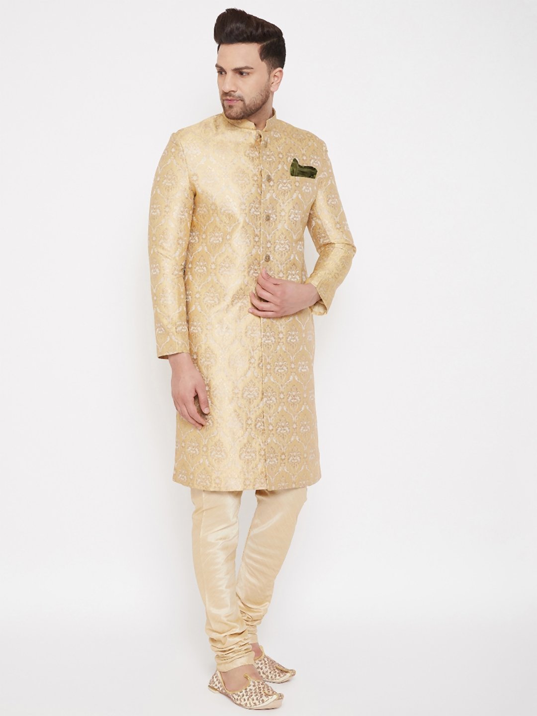 Men's Beige And Golden Brocade Jacquard Sherwani Set