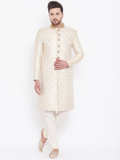 Men's Beige And Gold Embroidered Brocade Sherwani Set