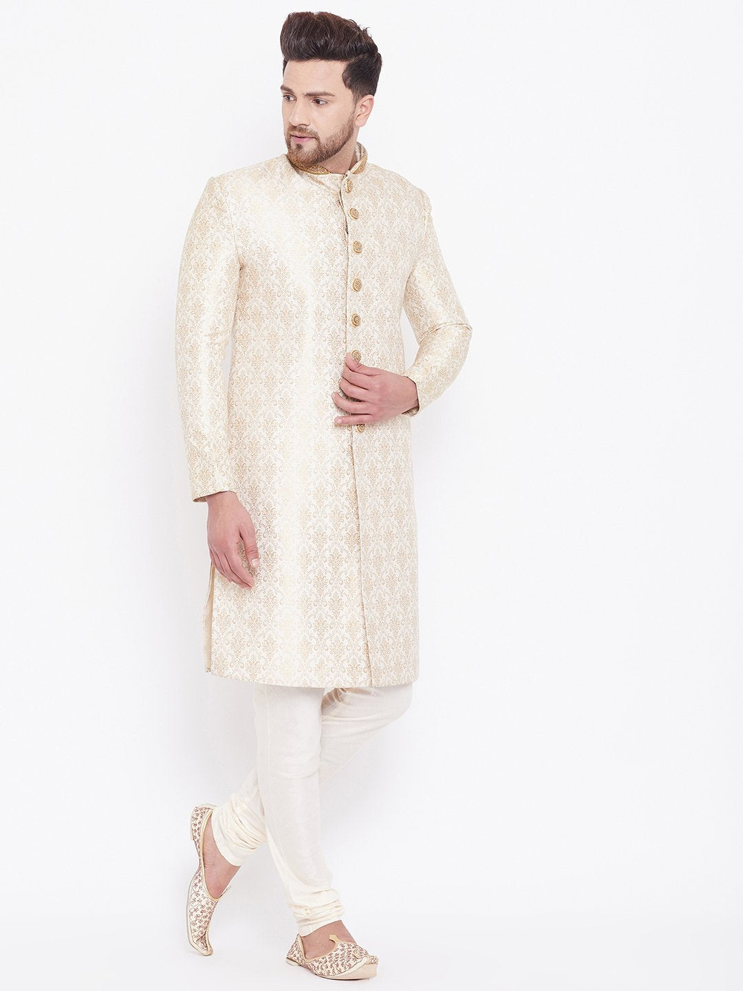 Men's Beige And Gold Embroidered Brocade Sherwani Set