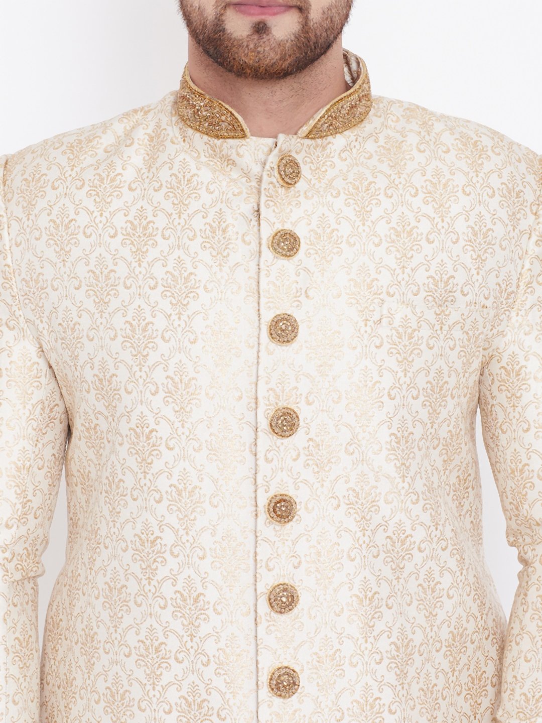 Men's Beige And Gold Embroidered Brocade Sherwani Set