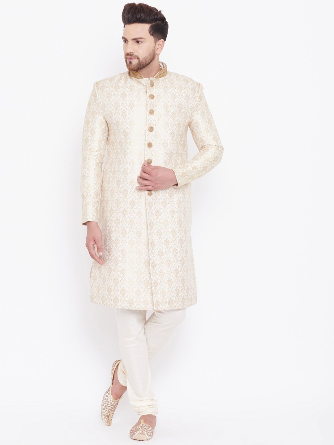 Men's Beige And Gold Embroidered Brocade Sherwani Set