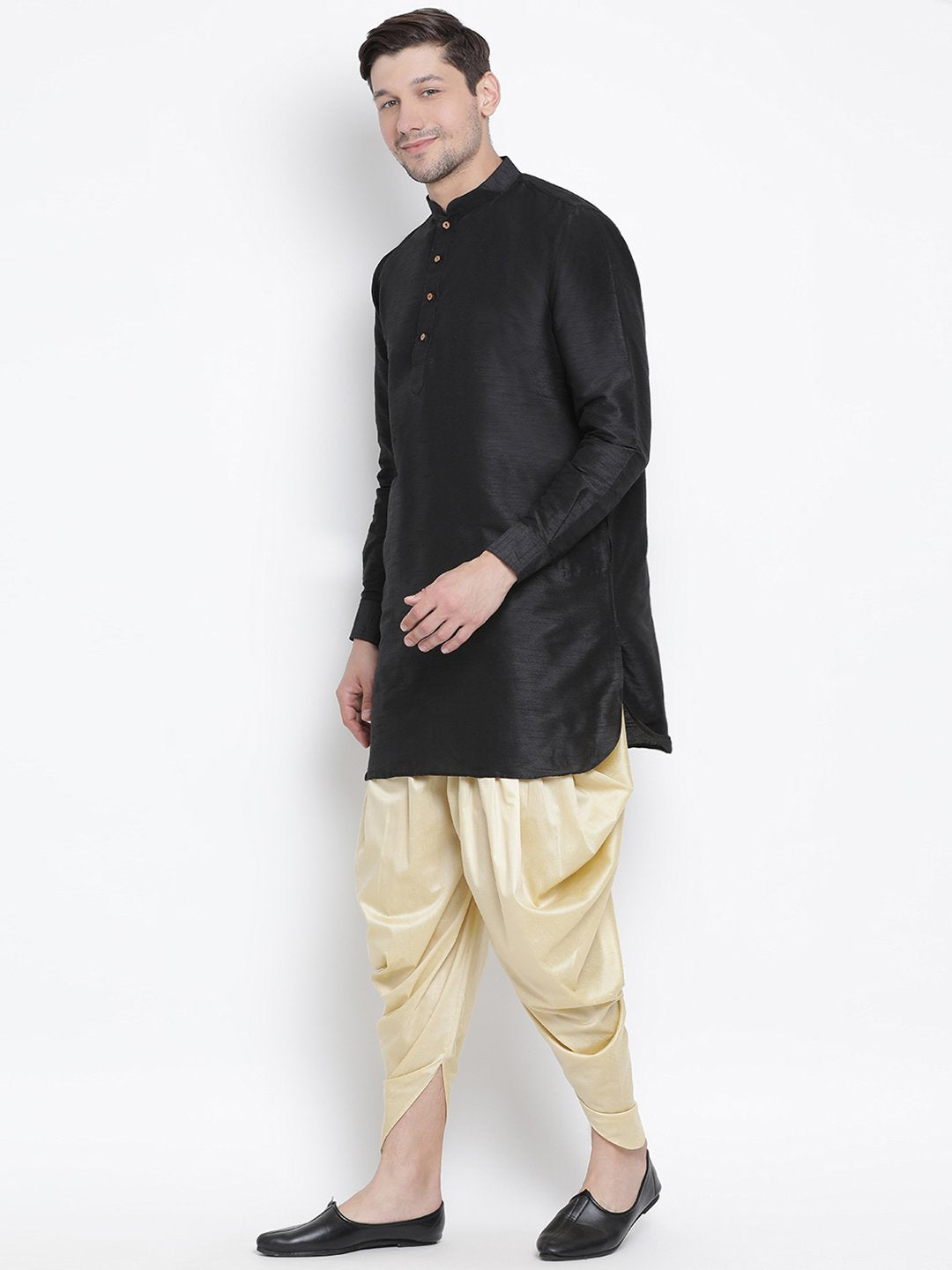 Men's Black Cotton Silk Blend Kurta and Dhoti Pant Set