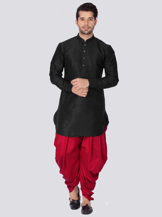 Men's Black Cotton Silk Blend Kurta and Dhoti Pant Set