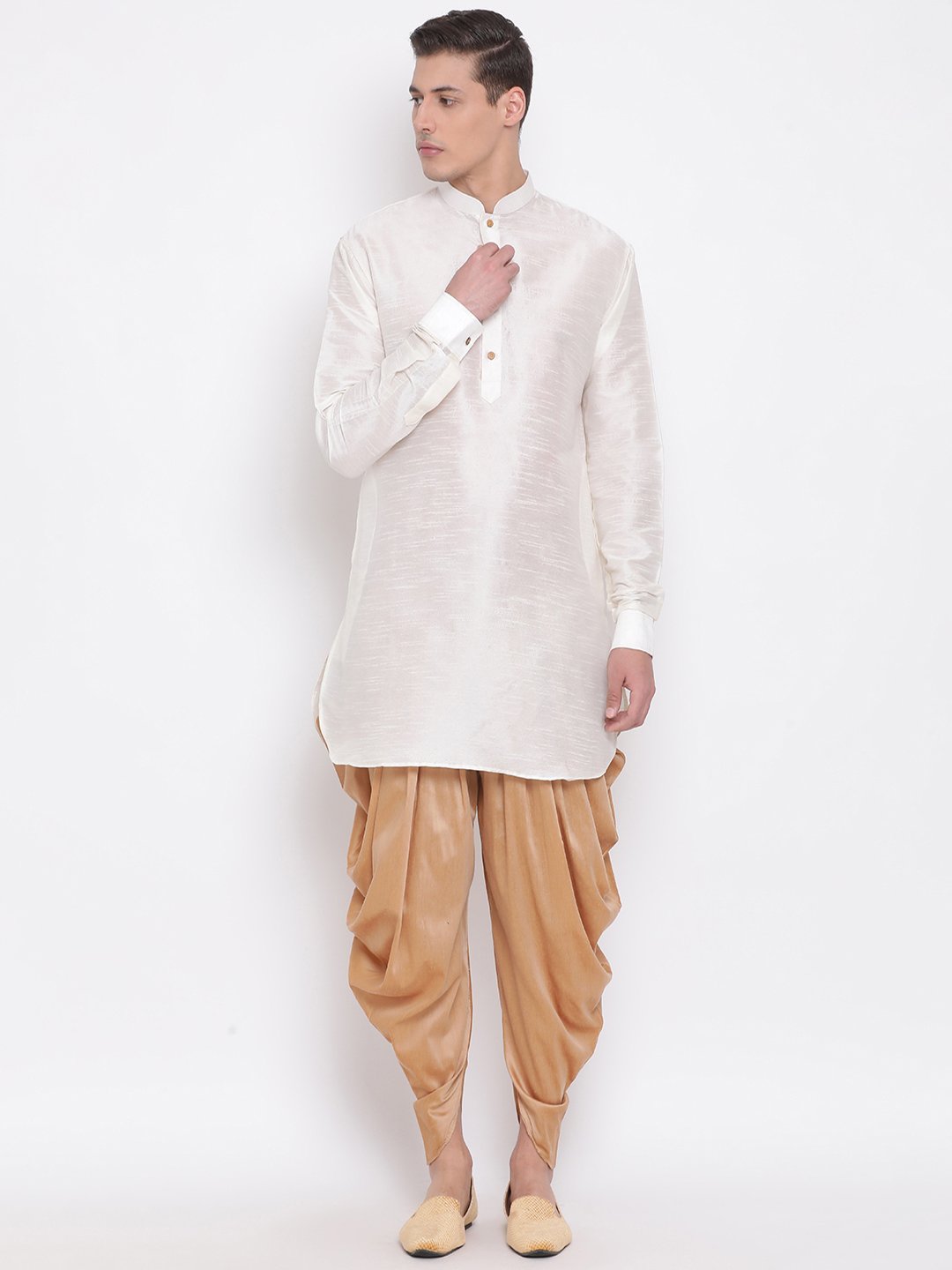 Men's Cream Silk Blend Pathani Style Kurta