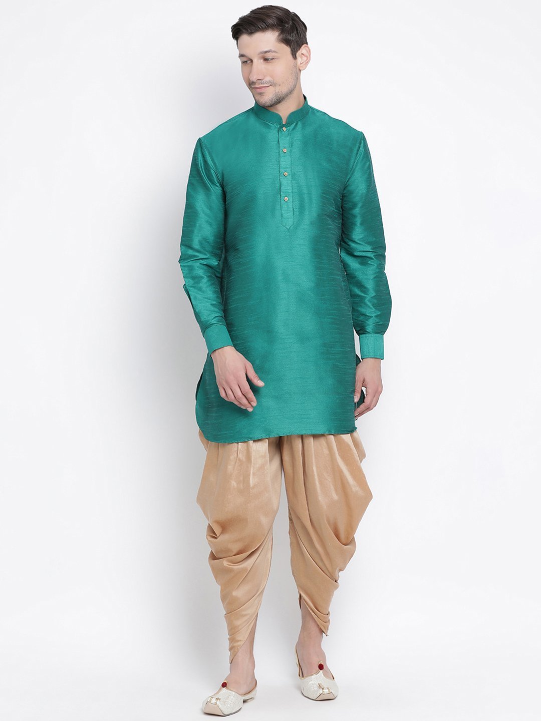 Men's Green Cotton Silk Blend Kurta and Dhoti Pant Set