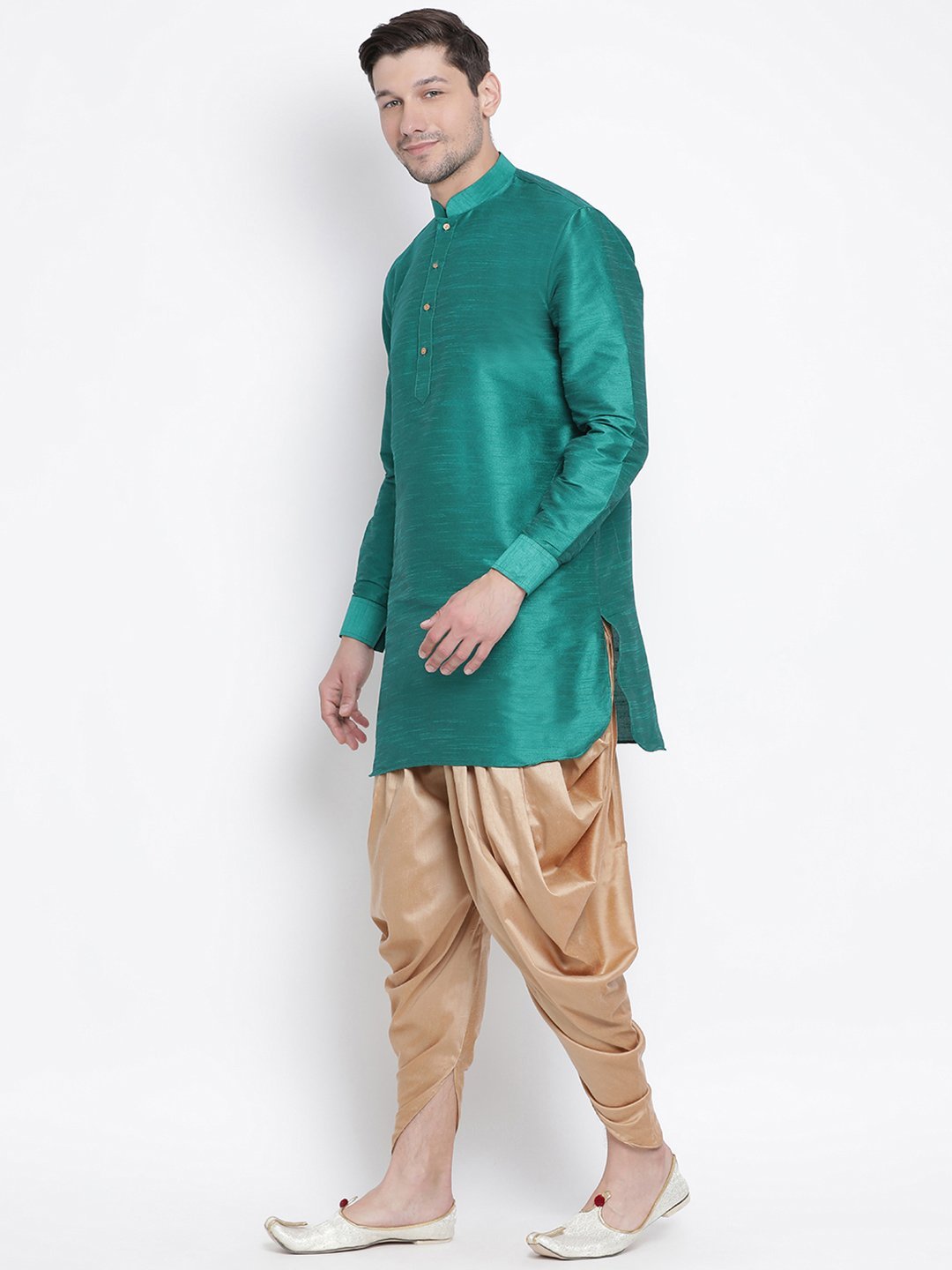 Men's Green Cotton Silk Blend Kurta and Dhoti Pant Set