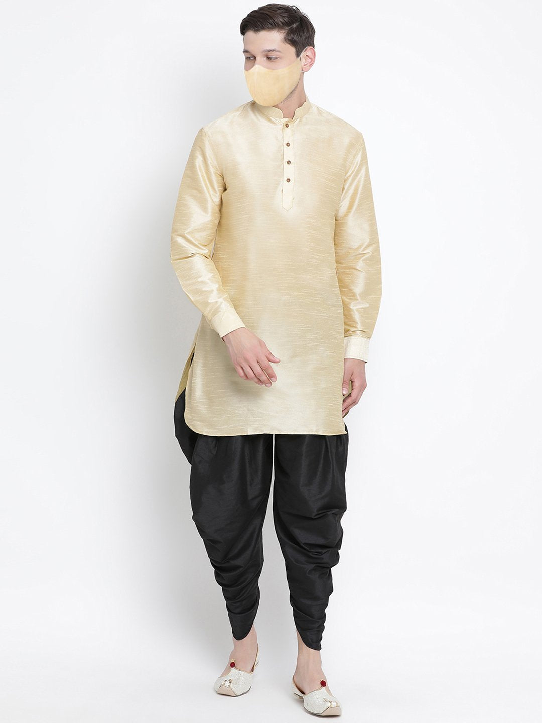 Men's Gold Cotton Silk Blend Kurta and Dhoti Pant Set