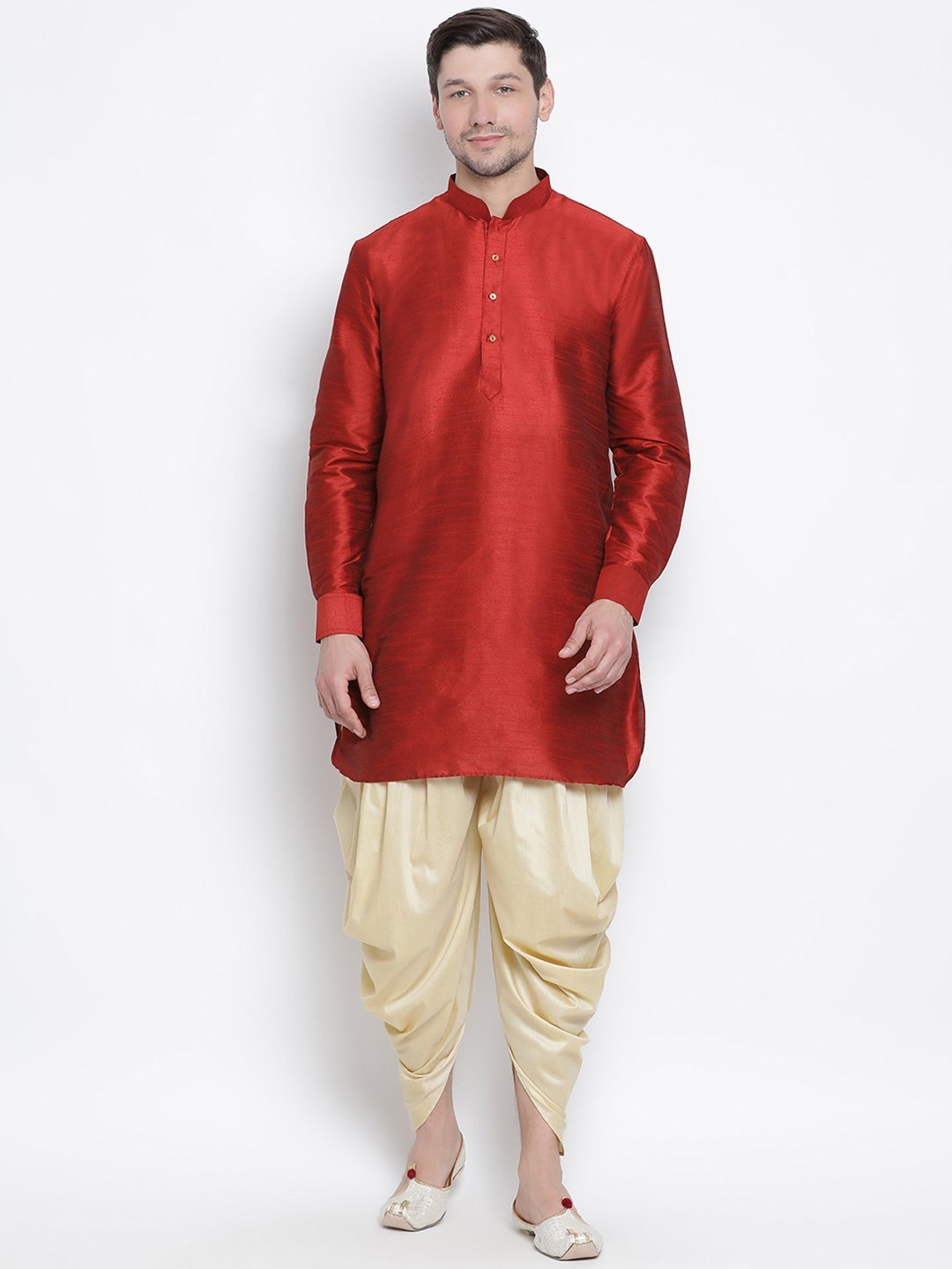 Men's Maroon Cotton Silk Blend Kurta and Dhoti Pant Set