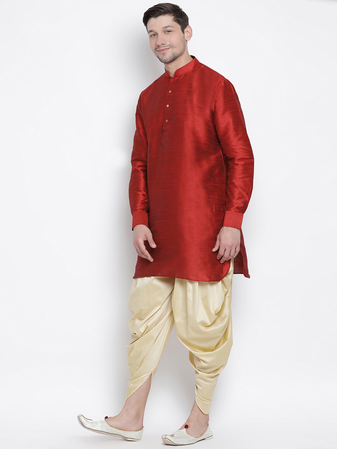 Men's Maroon Cotton Silk Blend Kurta and Dhoti Pant Set