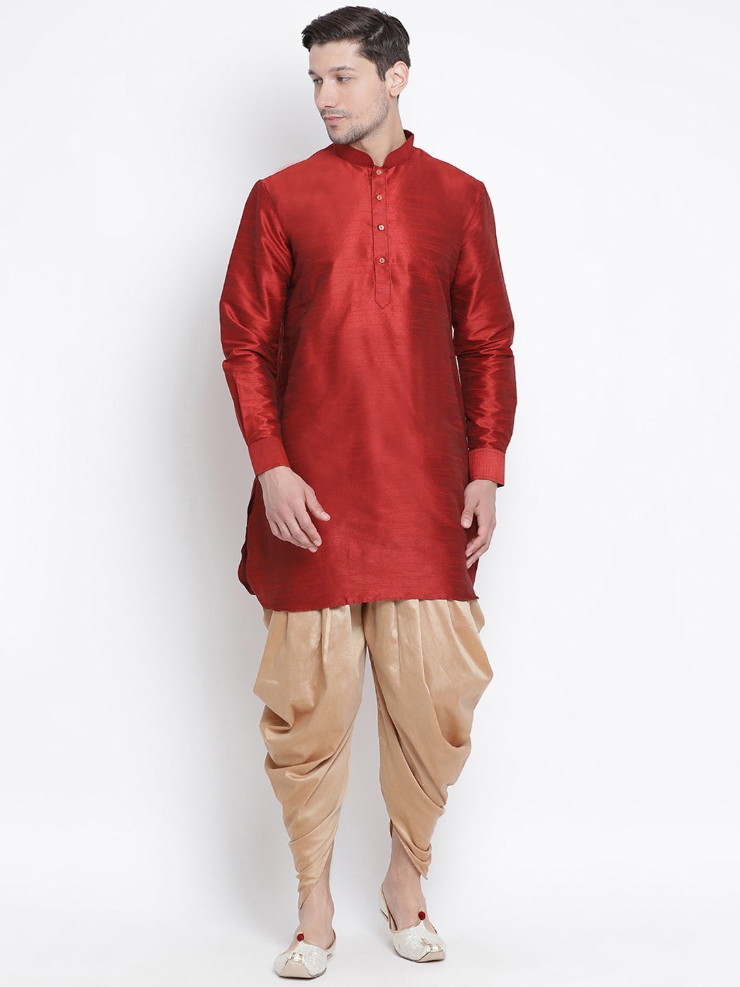 Men's Maroon Cotton Silk Blend Kurta and Dhoti Pant Set