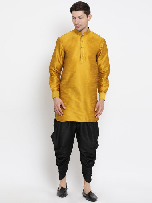 Men's Yellow Cotton Silk Blend Kurta and Dhoti Pant Set