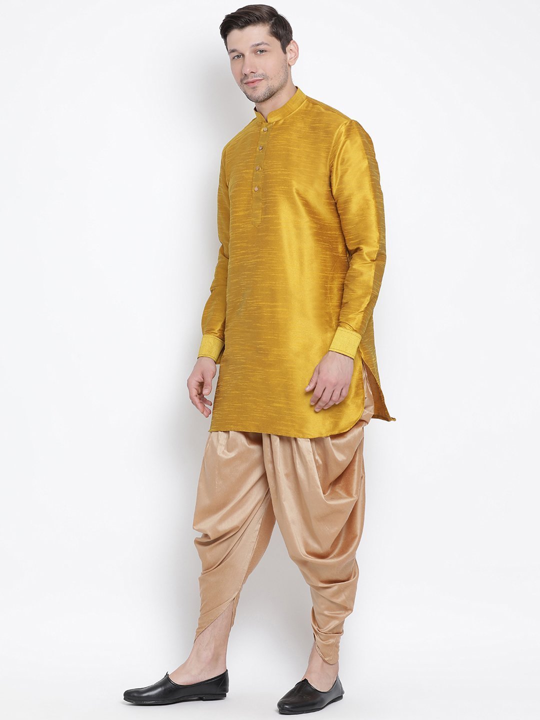 Men's Yellow Cotton Silk Blend Kurta and Dhoti Pant Set