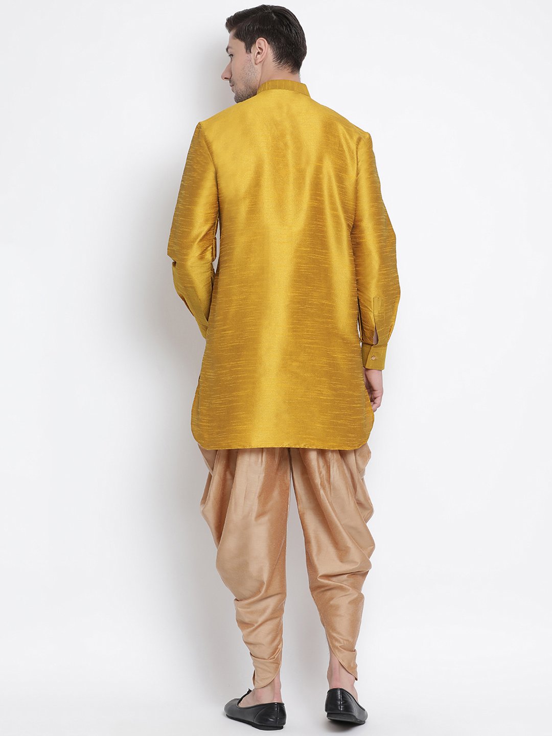 Men's Yellow Cotton Silk Blend Kurta and Dhoti Pant Set