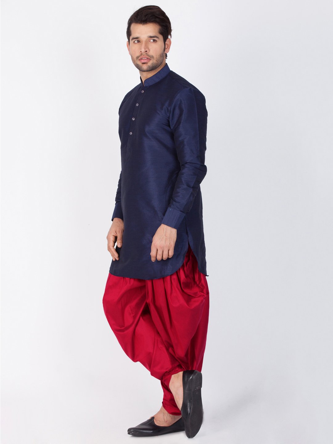 Men's Blue Cotton Silk Blend Kurta and Dhoti Pant Set