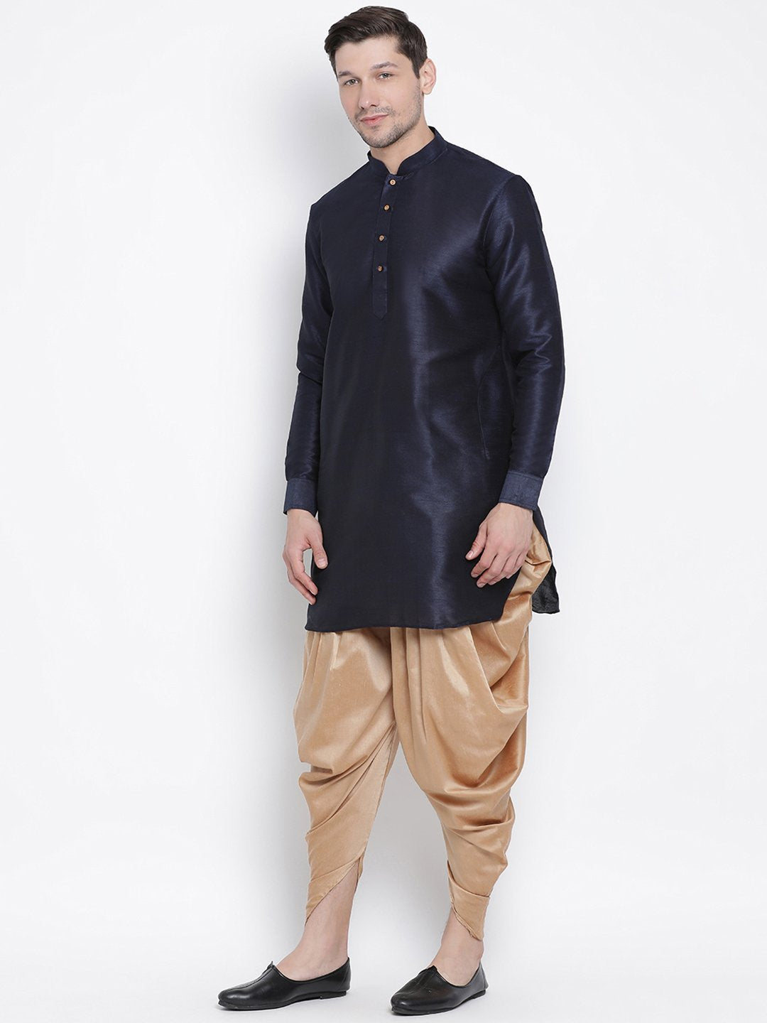 Men's Dark Blue Cotton Silk Blend Kurta and Dhoti Pant Set