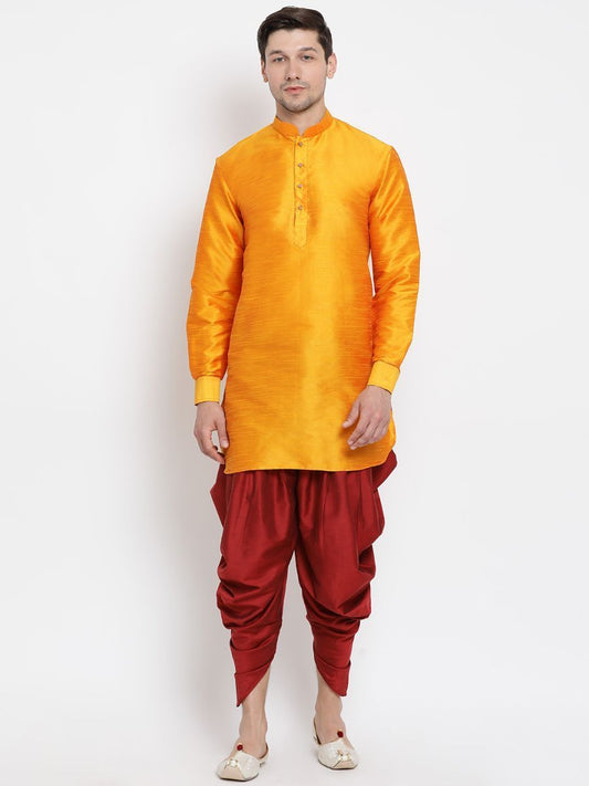 Men's Orange Cotton Silk Blend Kurta and Dhoti Pant Set