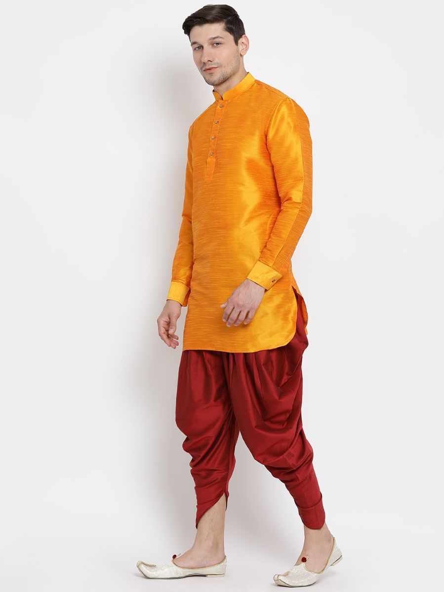 Men's Orange Silk Blend Kurta and Dhoti Pant Set