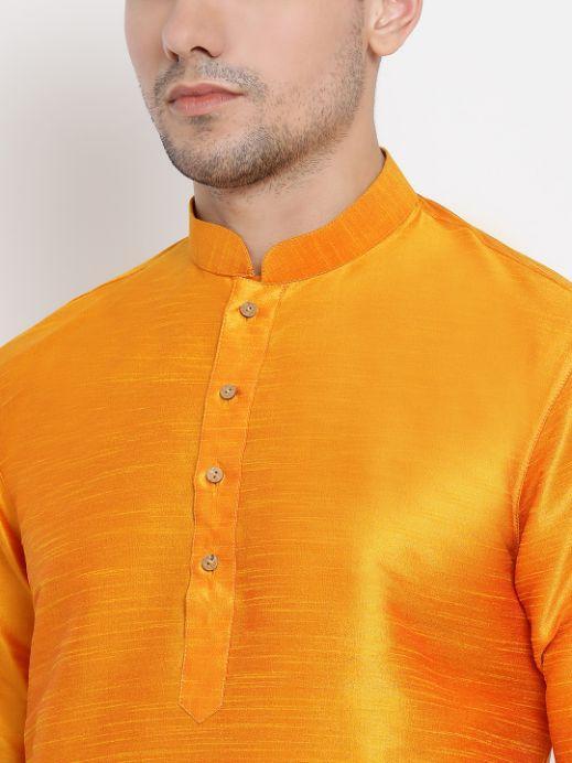 Men's Orange Silk Blend Kurta and Dhoti Pant Set