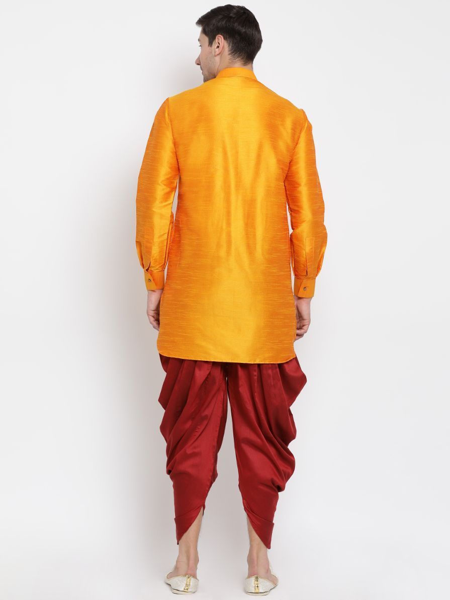 Men's Orange Cotton Silk Blend Kurta and Dhoti Pant Set