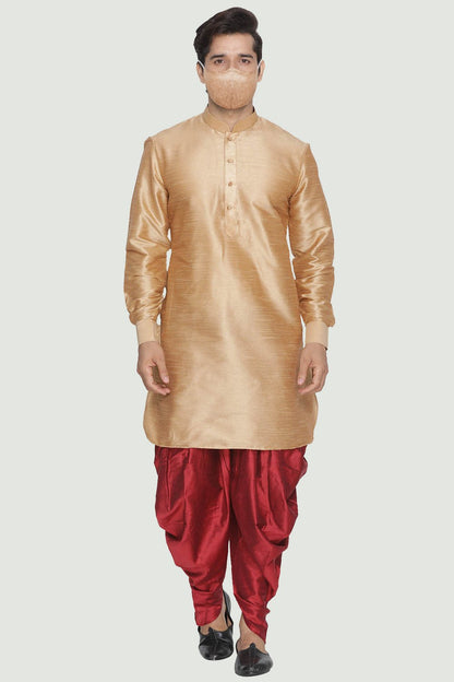 Men's Gold Cotton Silk Blend Kurta and Dhoti Pant Set