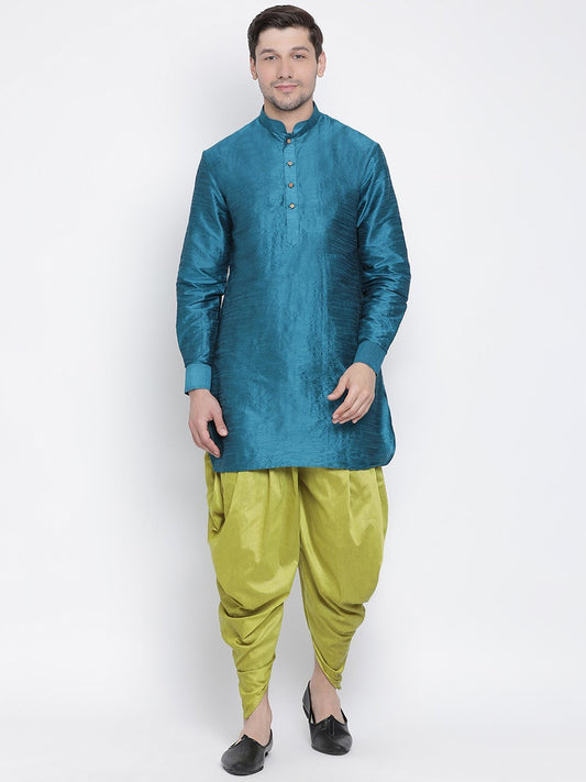 Men's Dark Green Cotton Silk Blend Kurta and Dhoti Pant Set