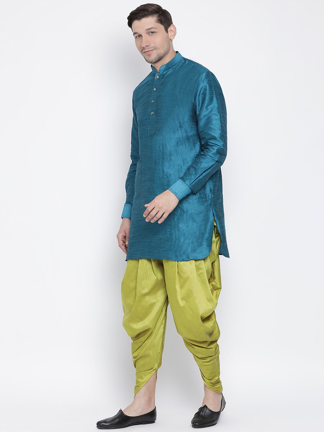 Men's Dark Green Silk Blend Kurta and Dhoti Pant Set