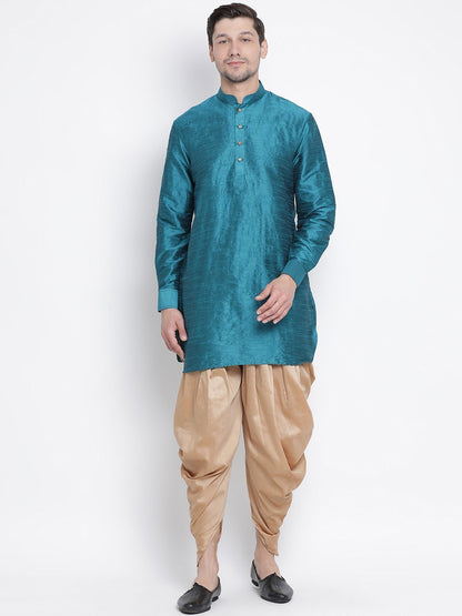 Men's Dark Green Silk Blend Kurta and Dhoti Pant Set