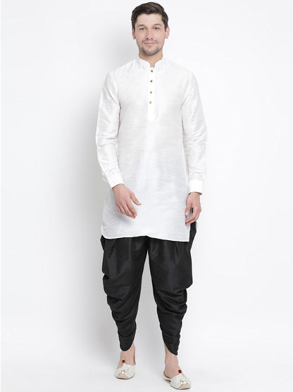 Men's White Cotton Silk Blend Kurta and Dhoti Pant Set