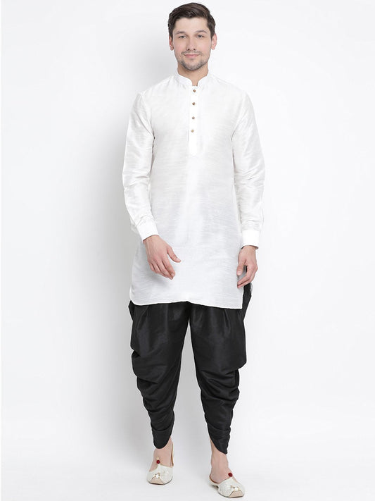 Men's White Silk Blend Kurta and Dhoti Pant Set