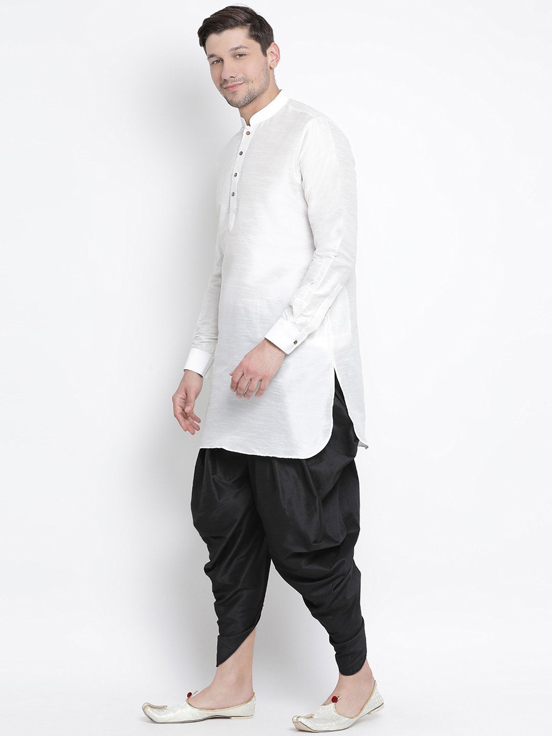 Men's White Cotton Silk Blend Kurta and Dhoti Pant Set