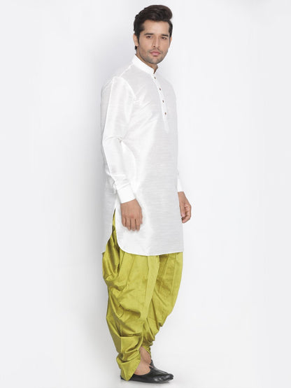 Men's White Cotton Silk Blend Kurta and Dhoti Pant Set