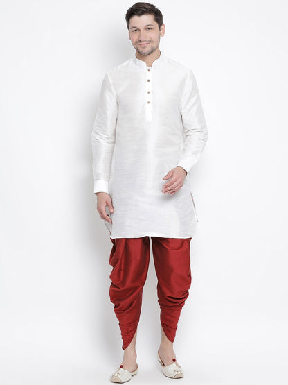 Men's White Cotton Silk Blend Kurta and Dhoti Pant Set