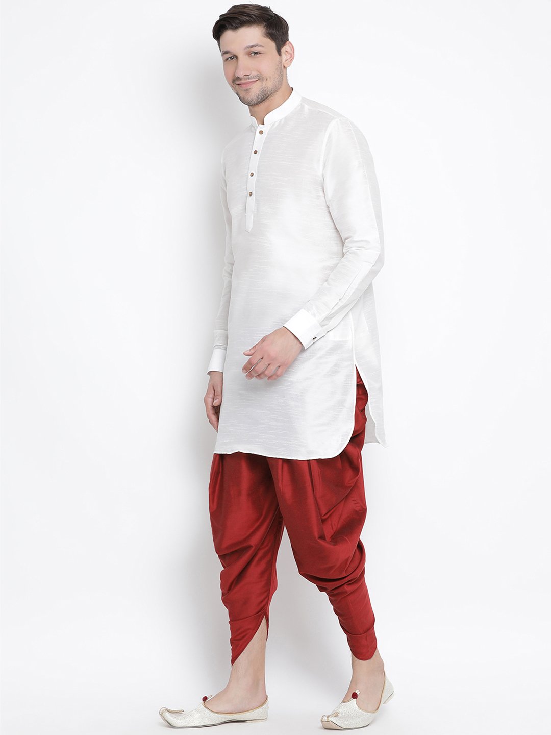 Men's White Silk Blend Kurta and Dhoti Pant Set