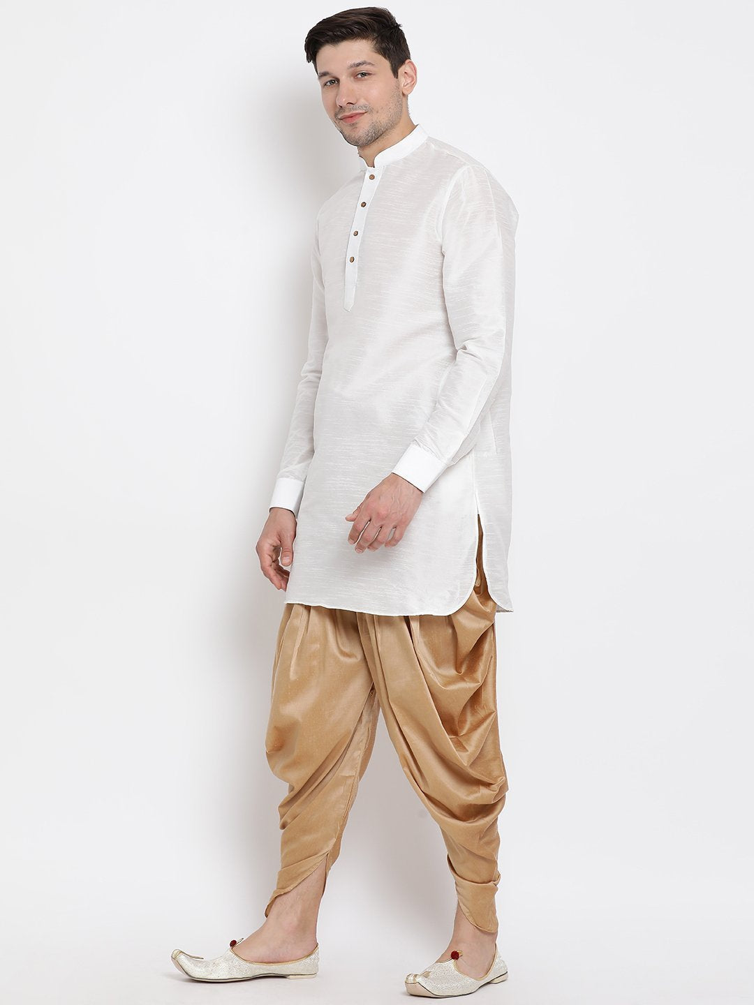 Men's White Cotton Silk Blend Kurta and Dhoti Pant Set