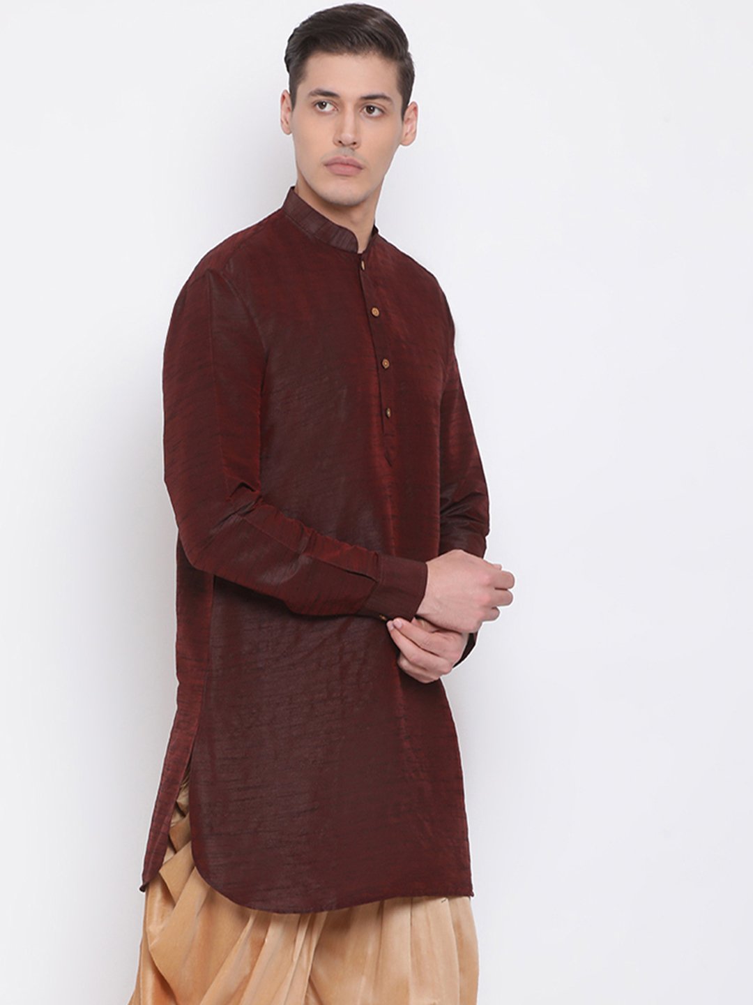 Men's Burgundy Silk Blend Pathani Style Kurta