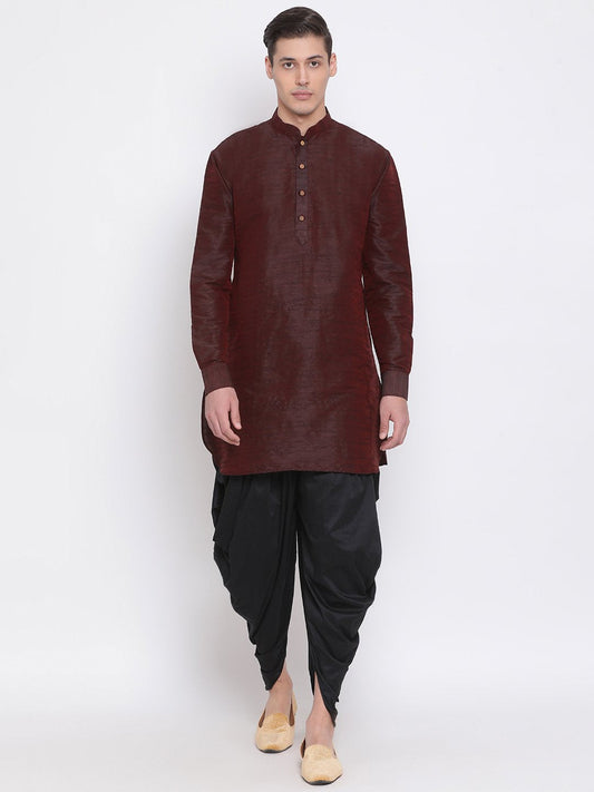 Men's Burgundy Silk Blend Kurta and Dhoti Pant Set