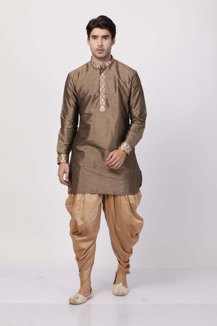 Men's Gold Cotton Silk Blend Kurta and Dhoti Pant Set