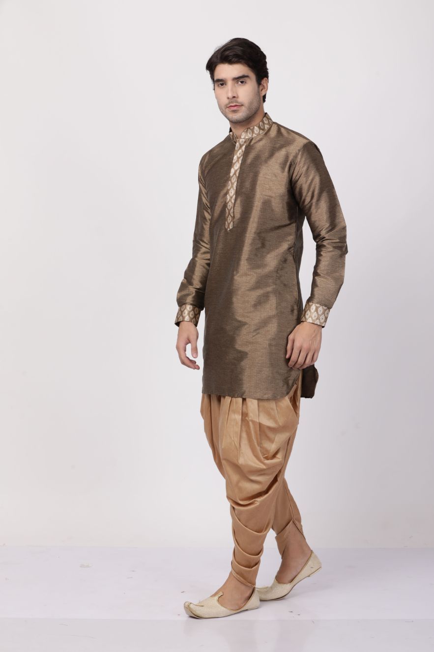 Men's Gold Cotton Silk Blend Kurta and Dhoti Pant Set