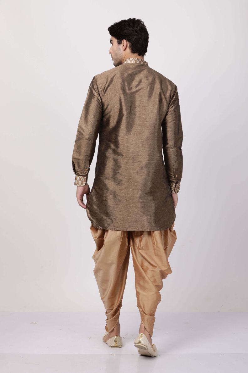 Men's Gold Cotton Silk Blend Kurta and Dhoti Pant Set