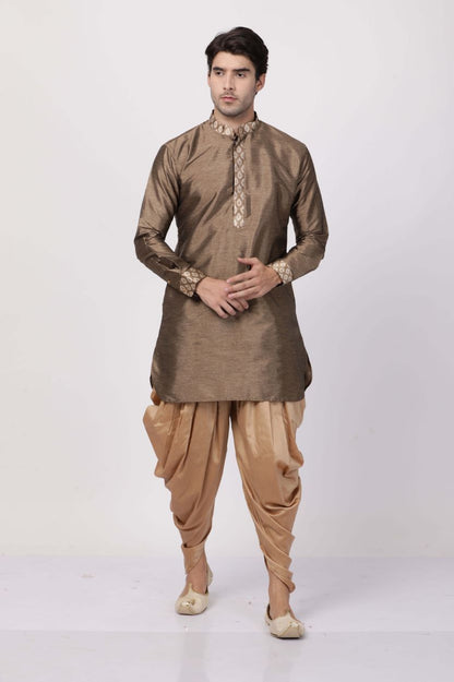 Men's Gold Cotton Silk Blend Kurta and Dhoti Pant Set