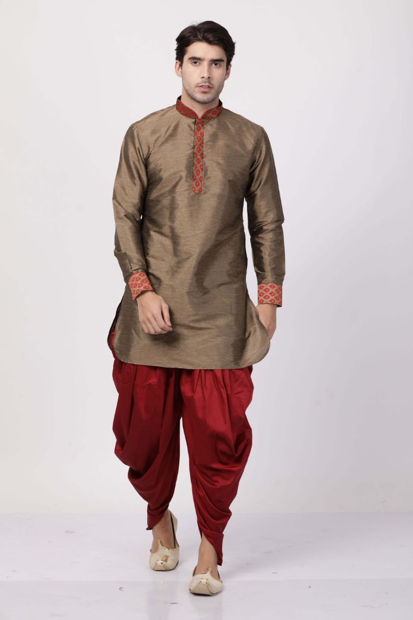 Men's Maroon Cotton Silk Blend Kurta and Dhoti Pant Set