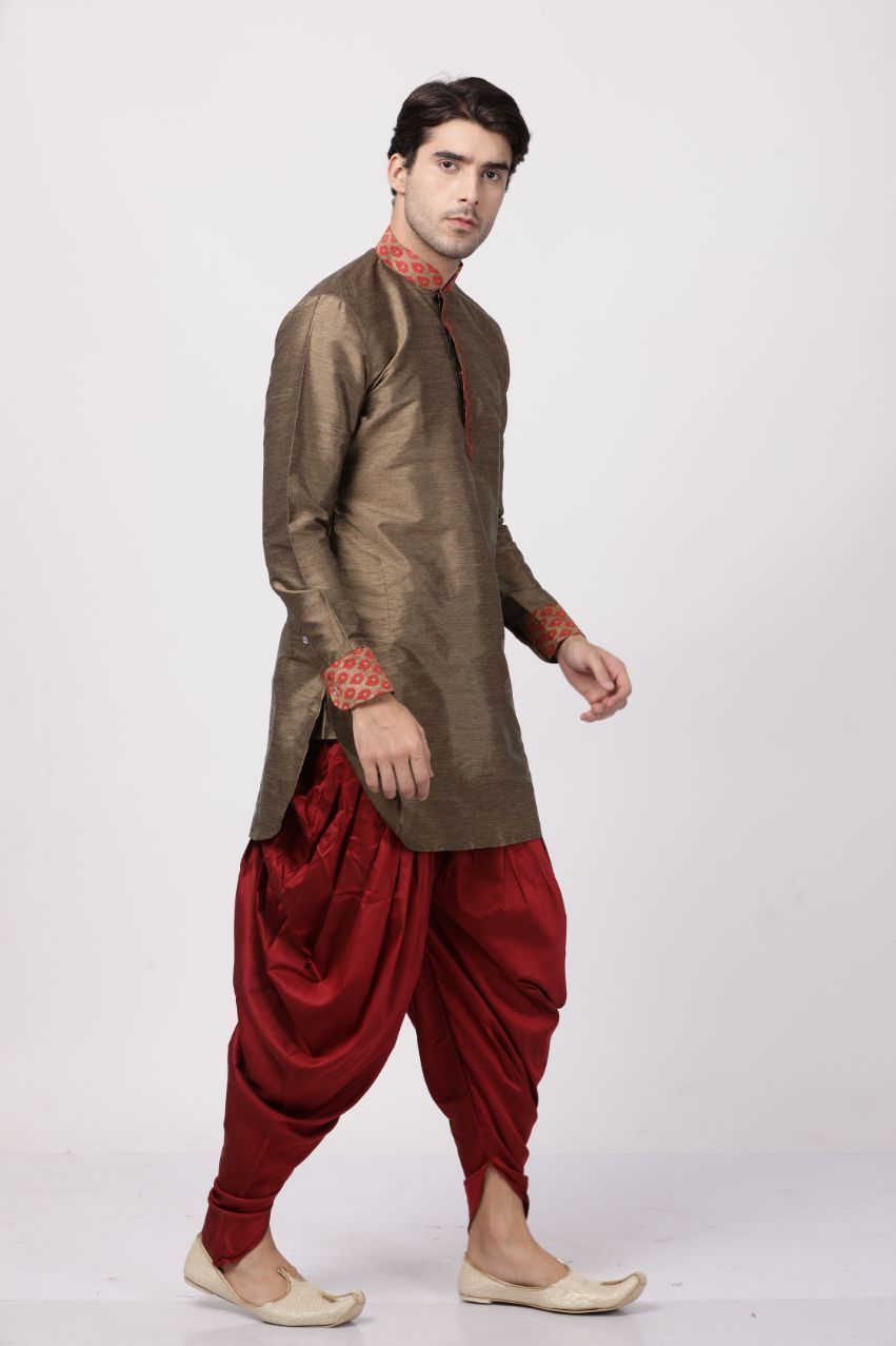 Men's Maroon Cotton Silk Blend Kurta and Dhoti Pant Set