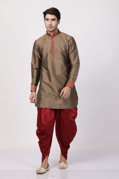 Men's Maroon Cotton Silk Blend Kurta and Dhoti Pant Set